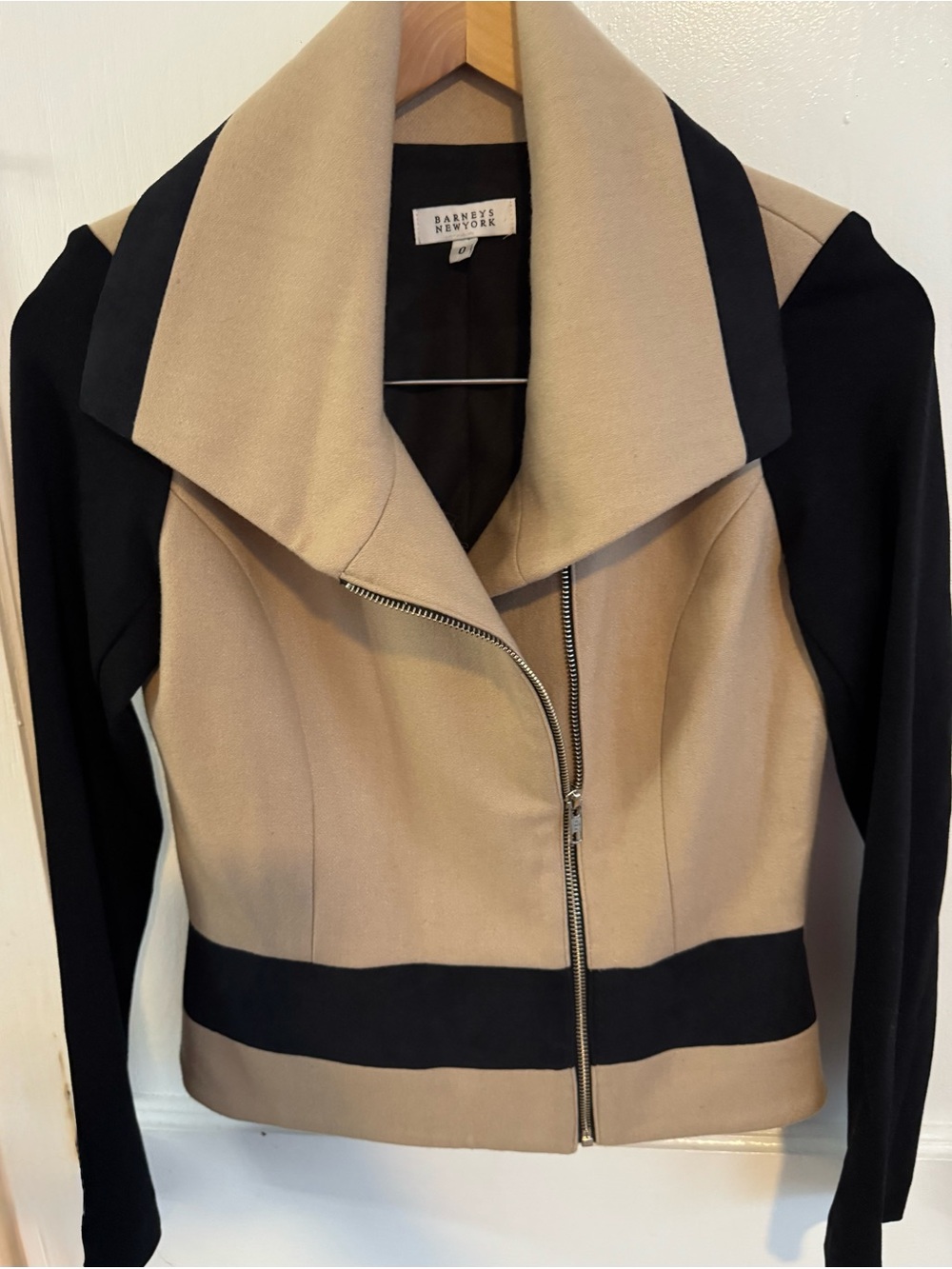 Barneys New York Wool Linen Colorblock Moto Jacket Tan Black Size 0